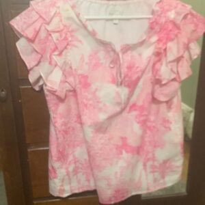 Crown & Ivy Pink Ruffle Sleeve Blouse